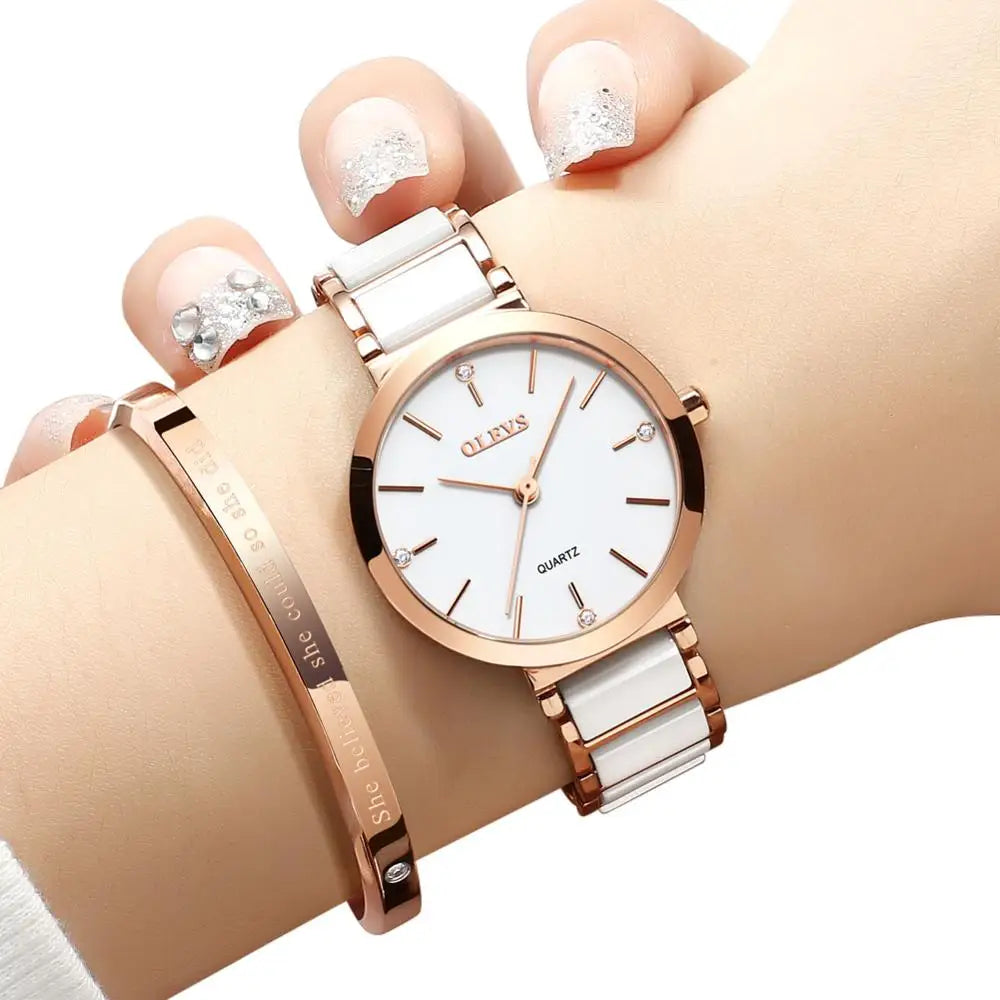 OLEVS Luxury Ceramic Strap Women's Watch – Waterproof with Date Display