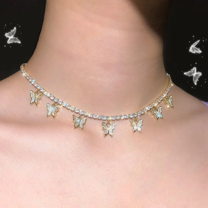 Crystal Butterfly Choker Necklace – Gold Hollow Chain Punk Collar for Women