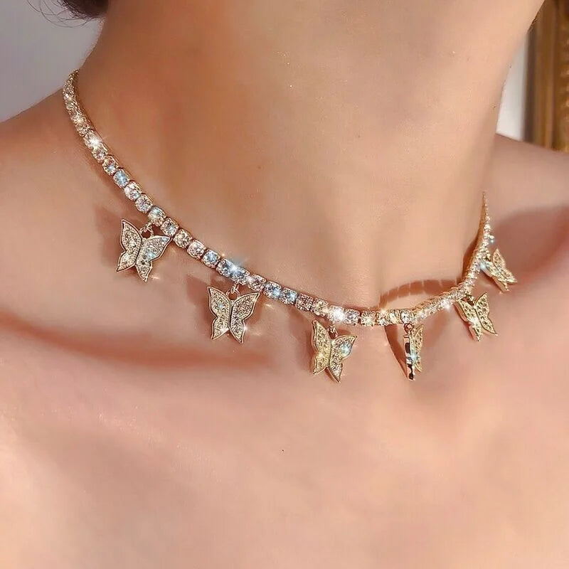 Crystal Butterfly Choker Necklace – Gold Hollow Chain Punk Collar for Women