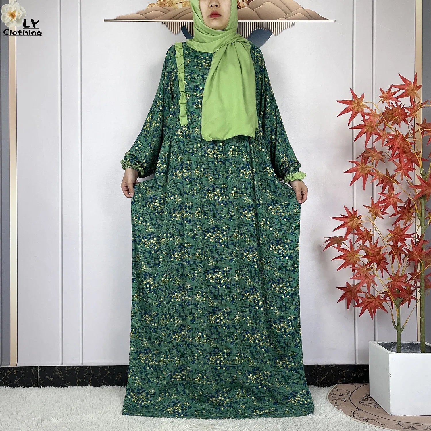 Muslim Long Sleeve Abaya – Loose Cotton Dress with Turban for Women