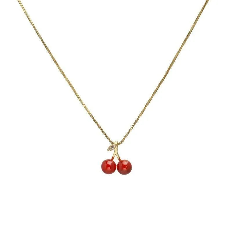 Wine Red Cherry Gold Pendant Necklace – Fashion Wedding & Birthday Jewelry
