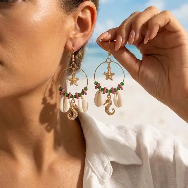 Y2K Boho Hoop Earrings – Colorful Stone, Starfish & Shell Dangle, Summer Festival