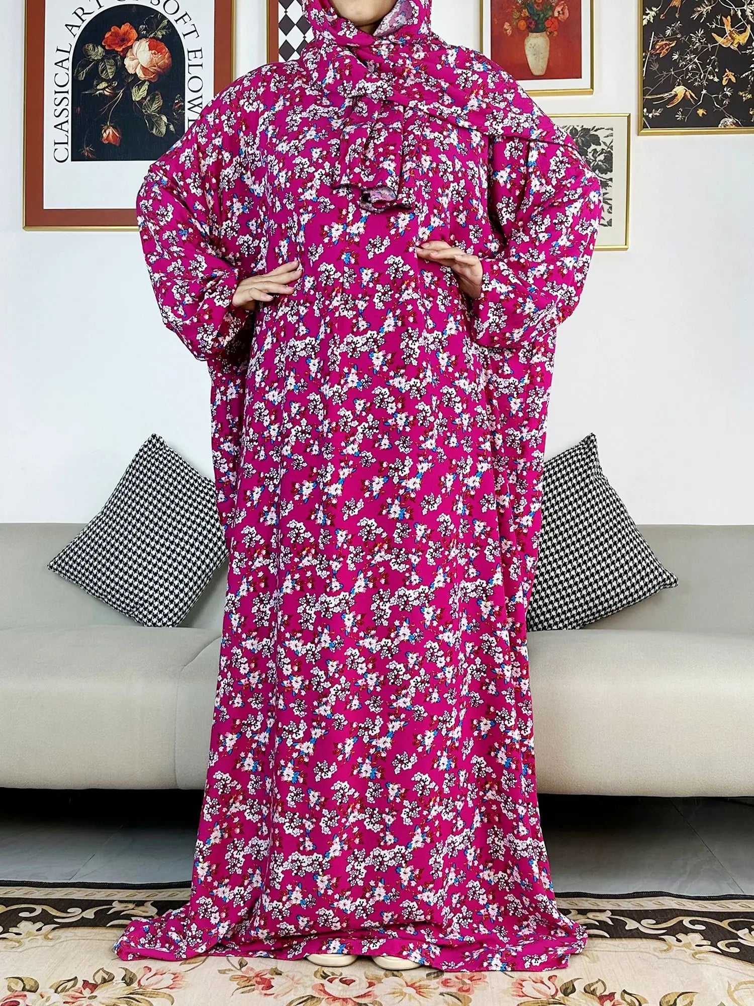 Floral Rayon Abaya – Loose African Dress with Turban for Muslim Women