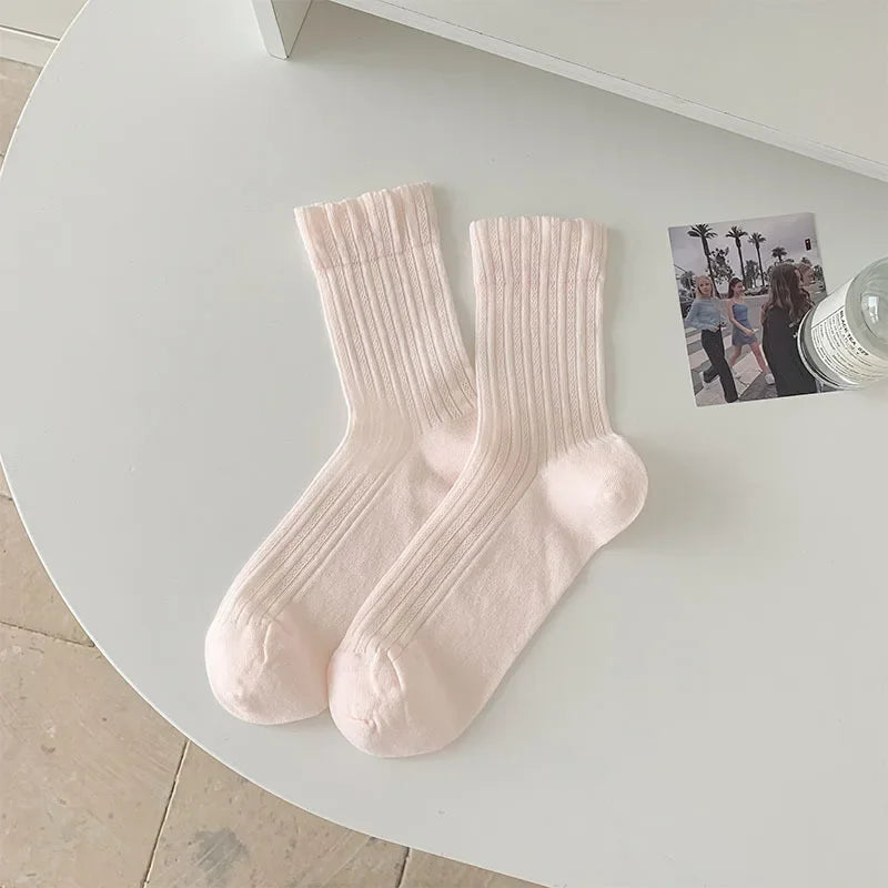 Women's Korean Style Mid-Tube Socks – Breathable Cotton Socks in Solid Colours (5 Pairs)