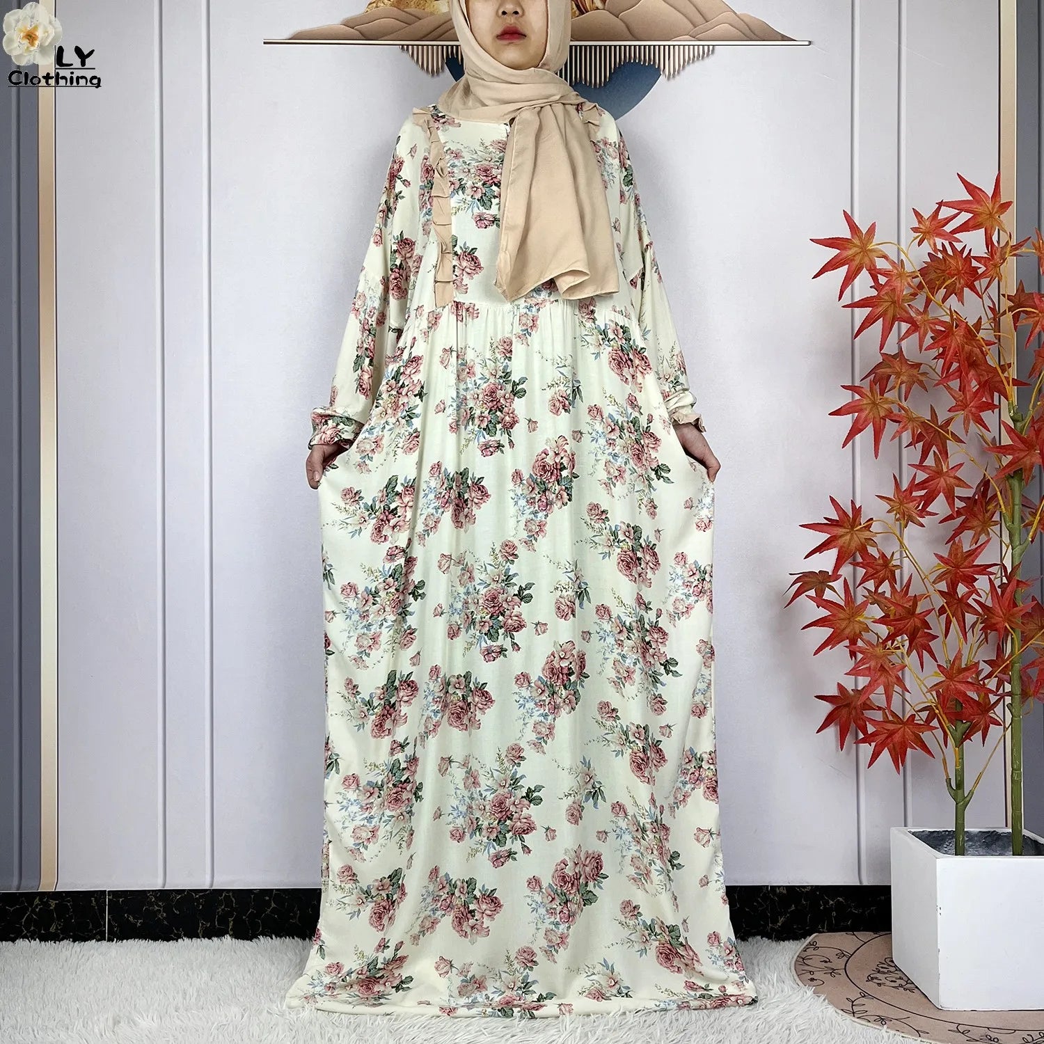 Muslim Long Sleeve Abaya – Loose Cotton Dress with Turban for Women