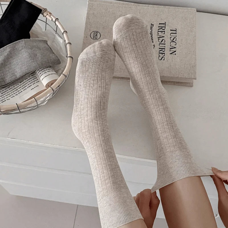 Women's Korean Style Long Crew Socks – Solid Colour Cotton Casual Socks (6 Pairs)