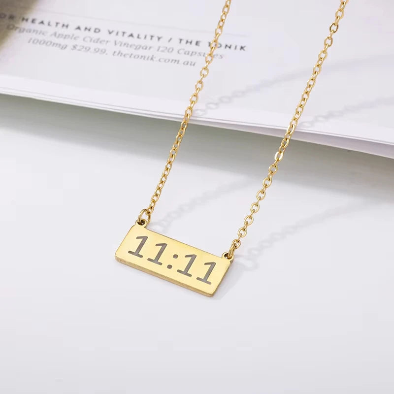 11:11 Angel Number Rectangle Pendant Necklace – Gold Stainless Steel Lucky Choker