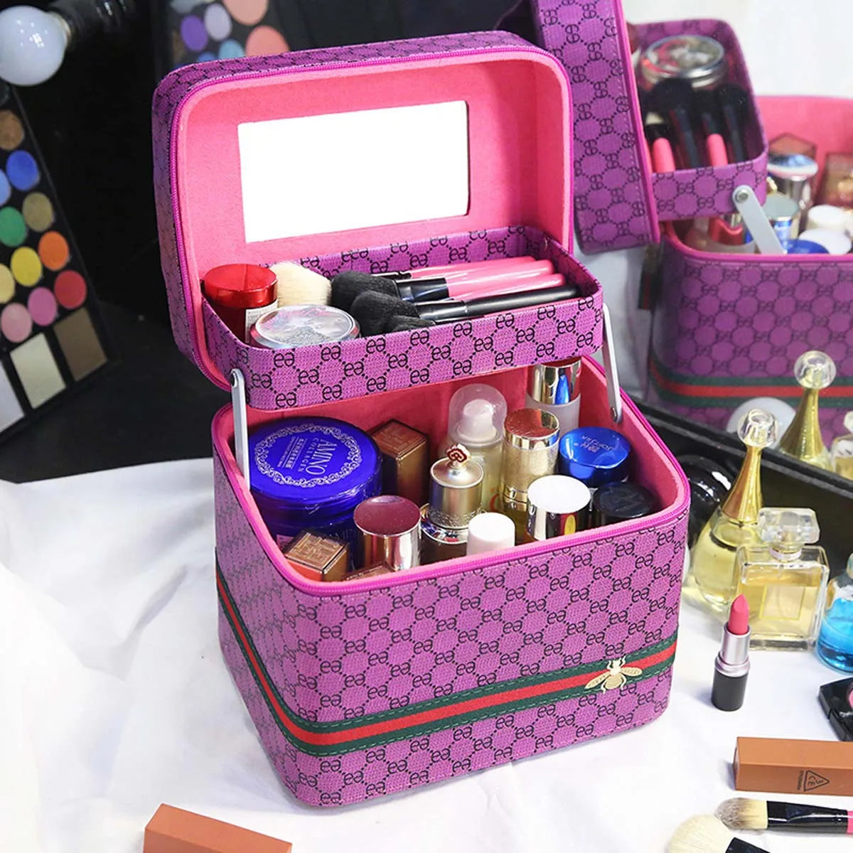 Large PU Leather Makeup Bag with Mirror – Travel Cosmetic Organiser & Storage Box