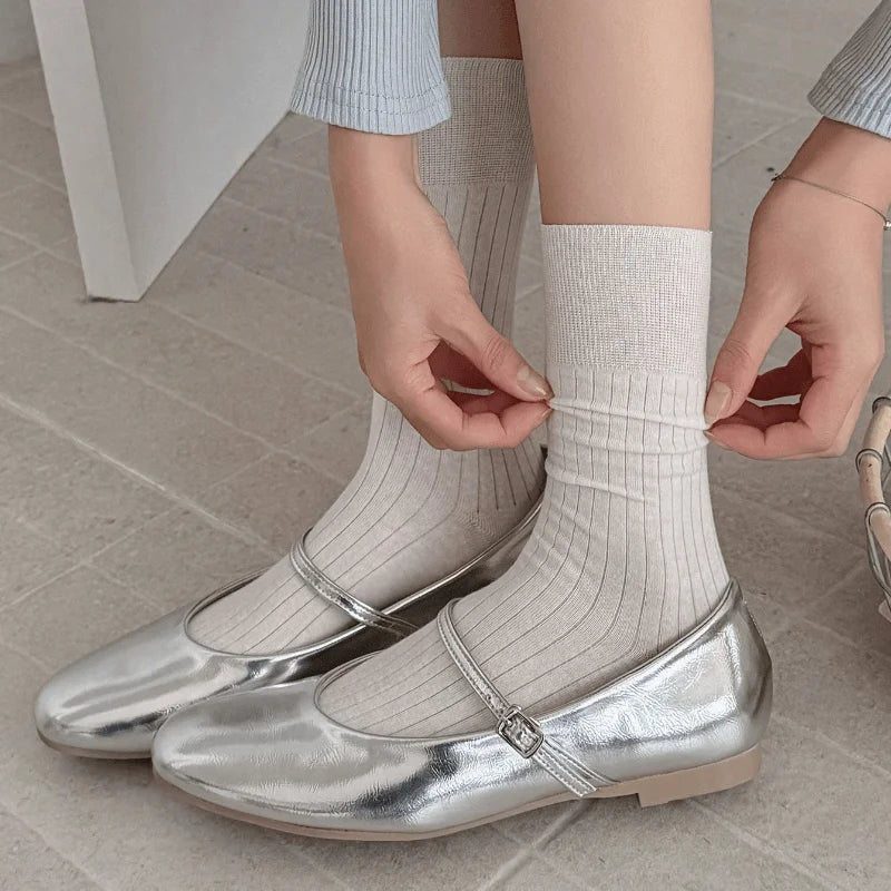 Women's Korean Style Long Crew Socks – Solid Colour Cotton Casual Socks (6 Pairs)