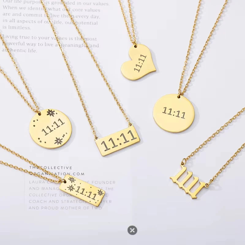 11:11 Angel Number Rectangle Pendant Necklace – Gold Stainless Steel Lucky Choker
