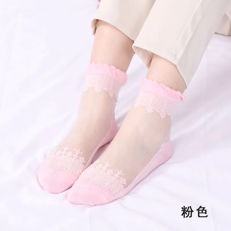 Women's Silk Velvet Lace Ankle Socks – Ultra-Thin Mesh Non-Slip Short Socks