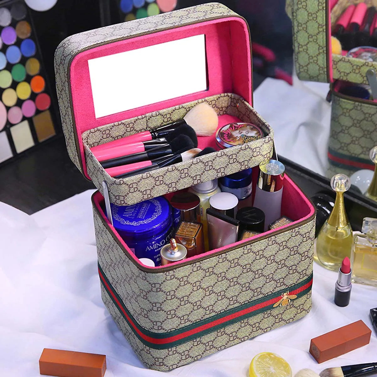 Large PU Leather Makeup Bag with Mirror – Travel Cosmetic Organiser & Storage Box