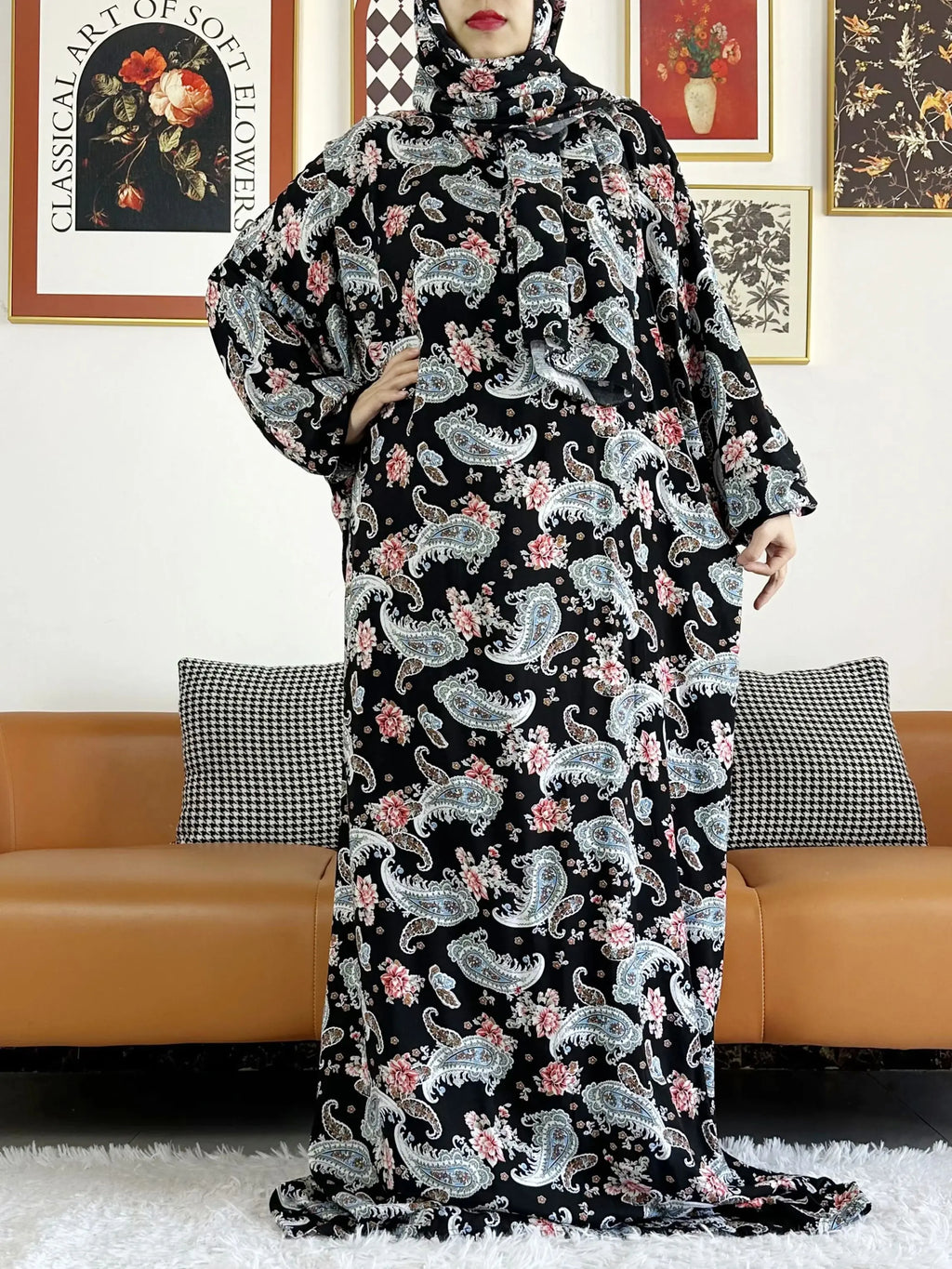 Plus Size Muslim Cotton Abaya – Loose Prayer Dress up to 6XL with Turban