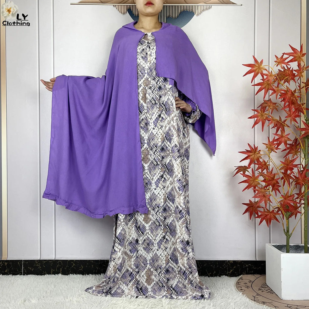 Muslim Long Sleeve Abaya – Loose Cotton Dress with Turban for Women