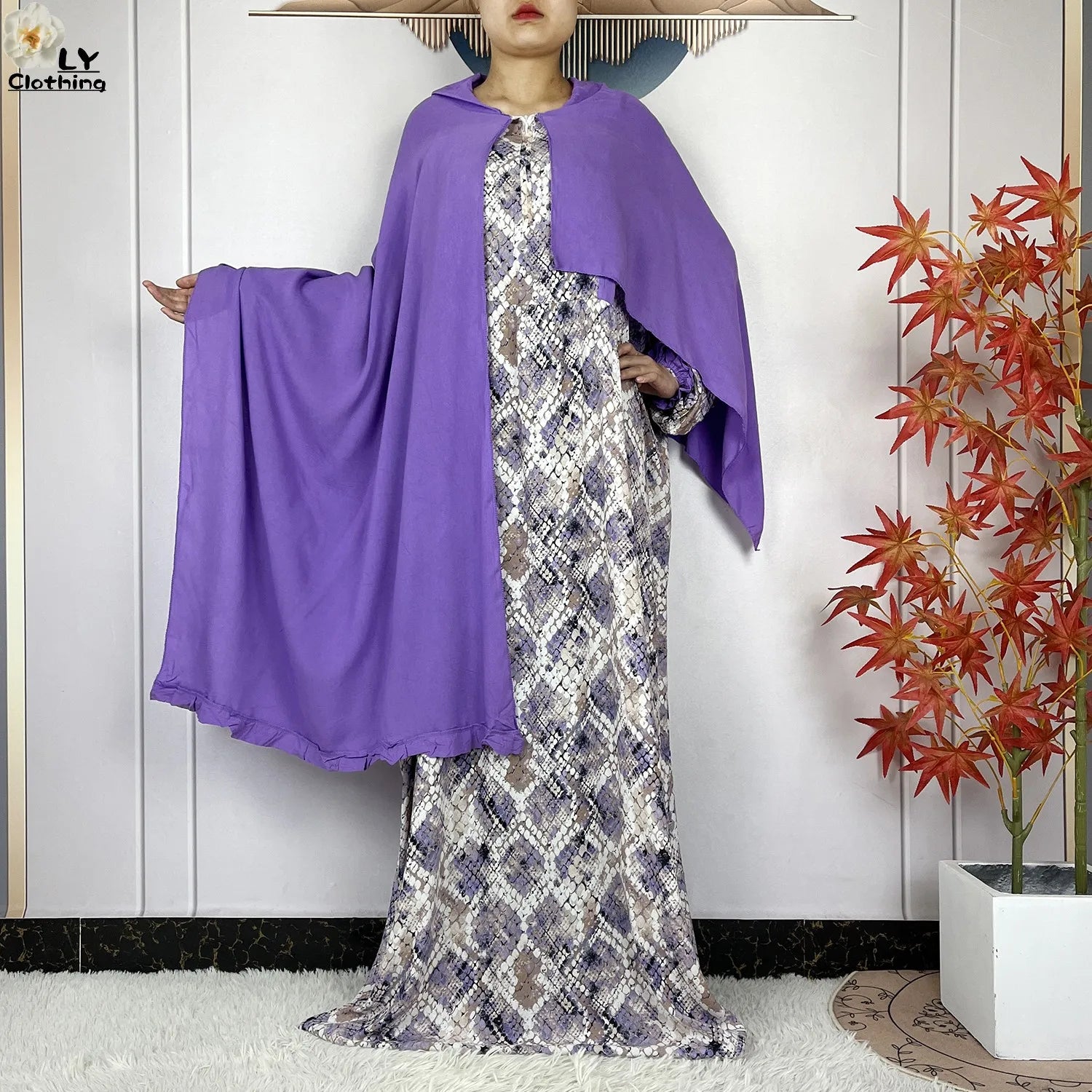 Muslim Long Sleeve Abaya – Loose Cotton Dress with Turban for Women