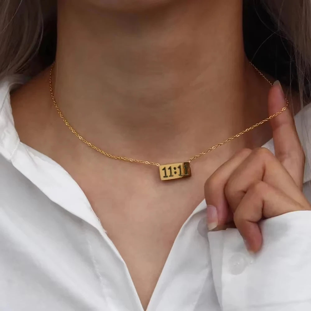 11:11 Angel Number Rectangle Pendant Necklace – Gold Stainless Steel Lucky Choker