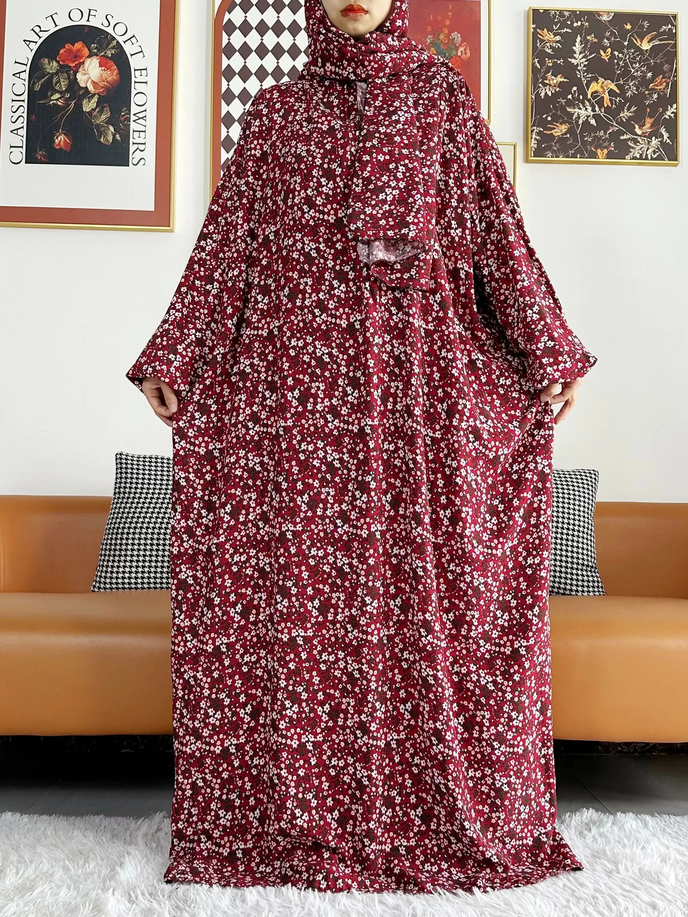 Floral Rayon Abaya – Loose African Dress with Turban for Muslim Women