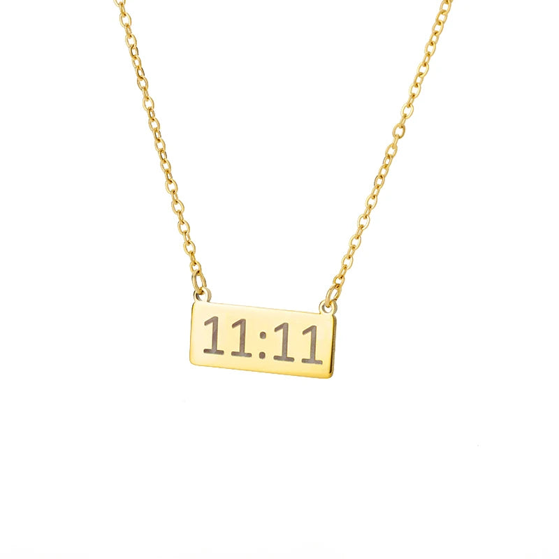 11:11 Angel Number Rectangle Pendant Necklace – Gold Stainless Steel Lucky Choker