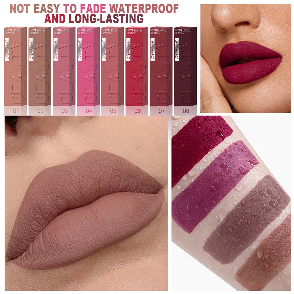 DUNUF 8-Colour Matte Velvet Lip Gloss Set – Waterproof Plumping Lipstick Square Tube