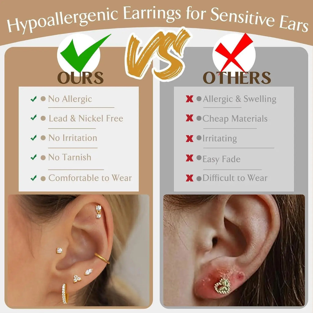 8 Pairs Hypoallergenic Earrings Set – Flat Back Studs & Hoops, Surgical Steel