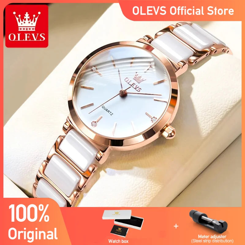 OLEVS Luxury Ceramic Strap Women's Watch – Waterproof with Date Display