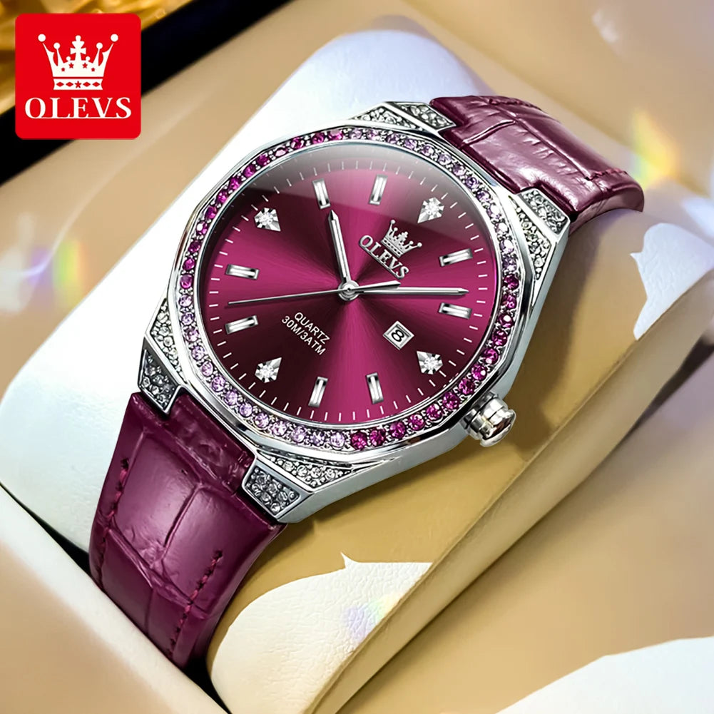 OLEVS Diamond Women's Watch – Luminous, Waterproof & Leather Strap