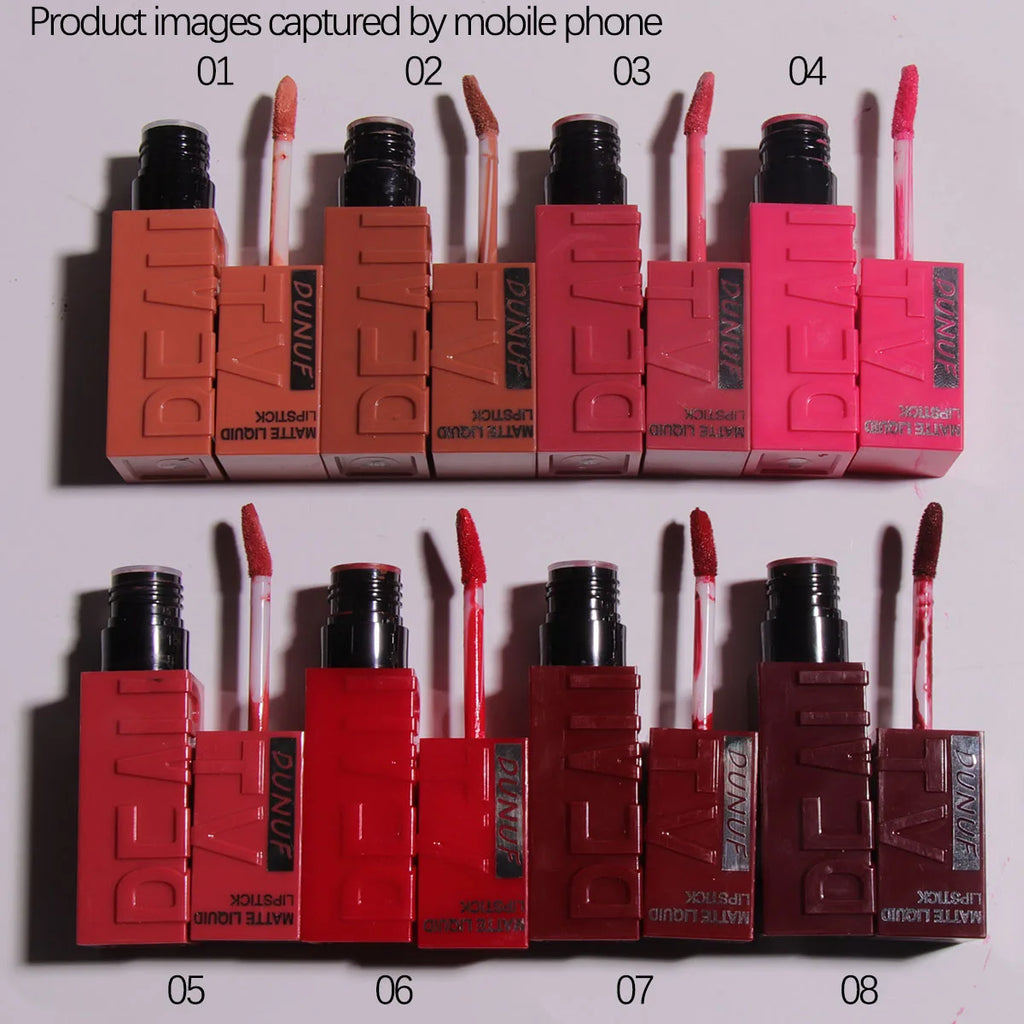 DUNUF 8-Colour Matte Velvet Lip Gloss Set – Waterproof Plumping Lipstick Square Tube