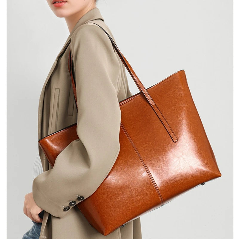 BURMINSA Vintage Genuine Leather Tote Bag – Elegant Office Work Shoulder Handbag for Women
