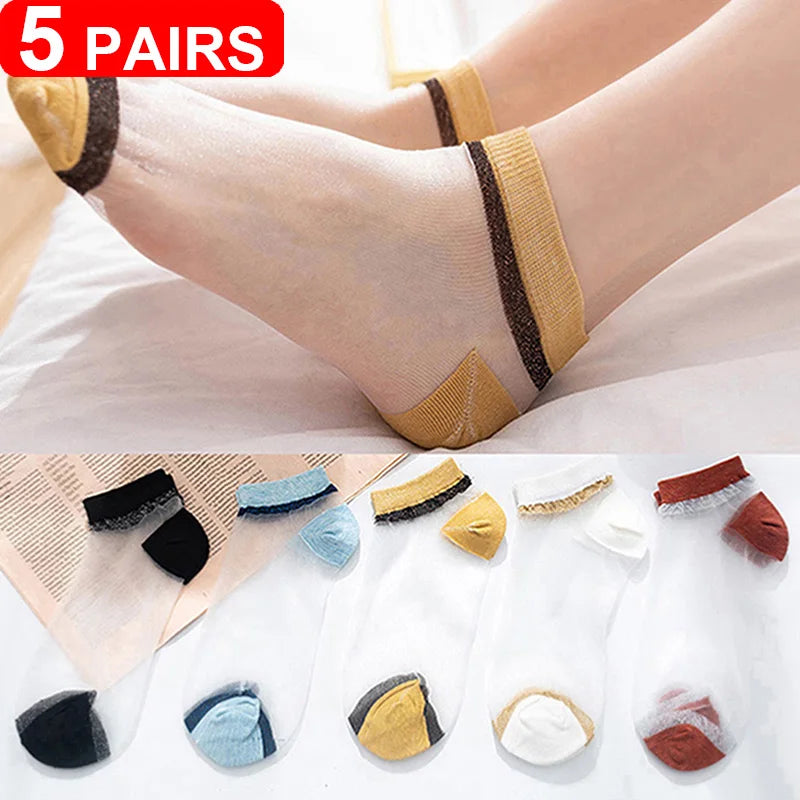Women's Sheer Lace Invisible Socks – Ultra-Thin No-Show Ankle Socks (5 Pairs)
