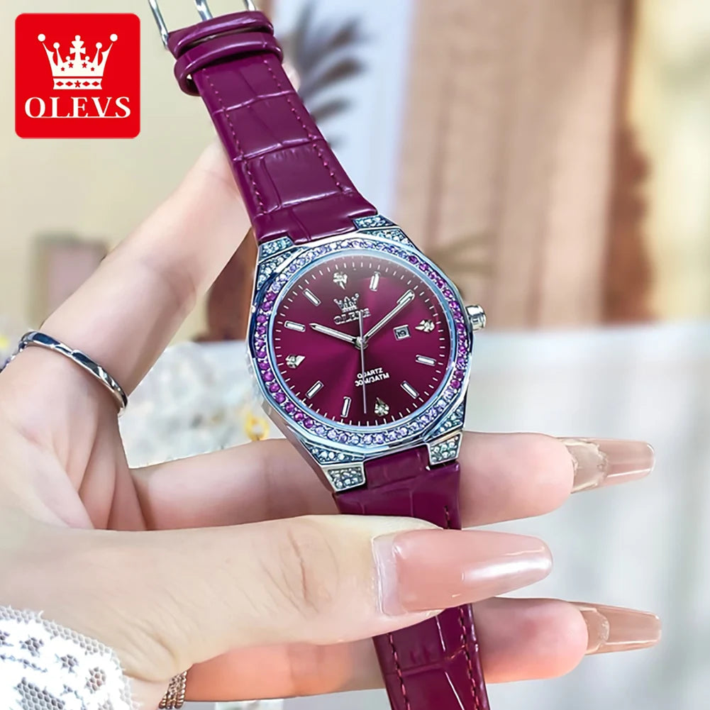 OLEVS Diamond Women's Watch – Luminous, Waterproof & Leather Strap