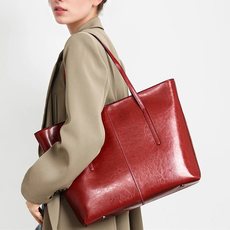 BURMINSA Vintage Genuine Leather Tote Bag – Elegant Office Work Shoulder Handbag for Women