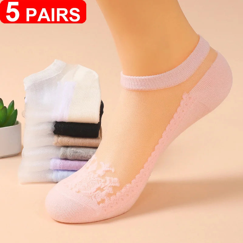 Women's Sheer Lace Invisible Socks – Ultra-Thin No-Show Ankle Socks (5 Pairs)
