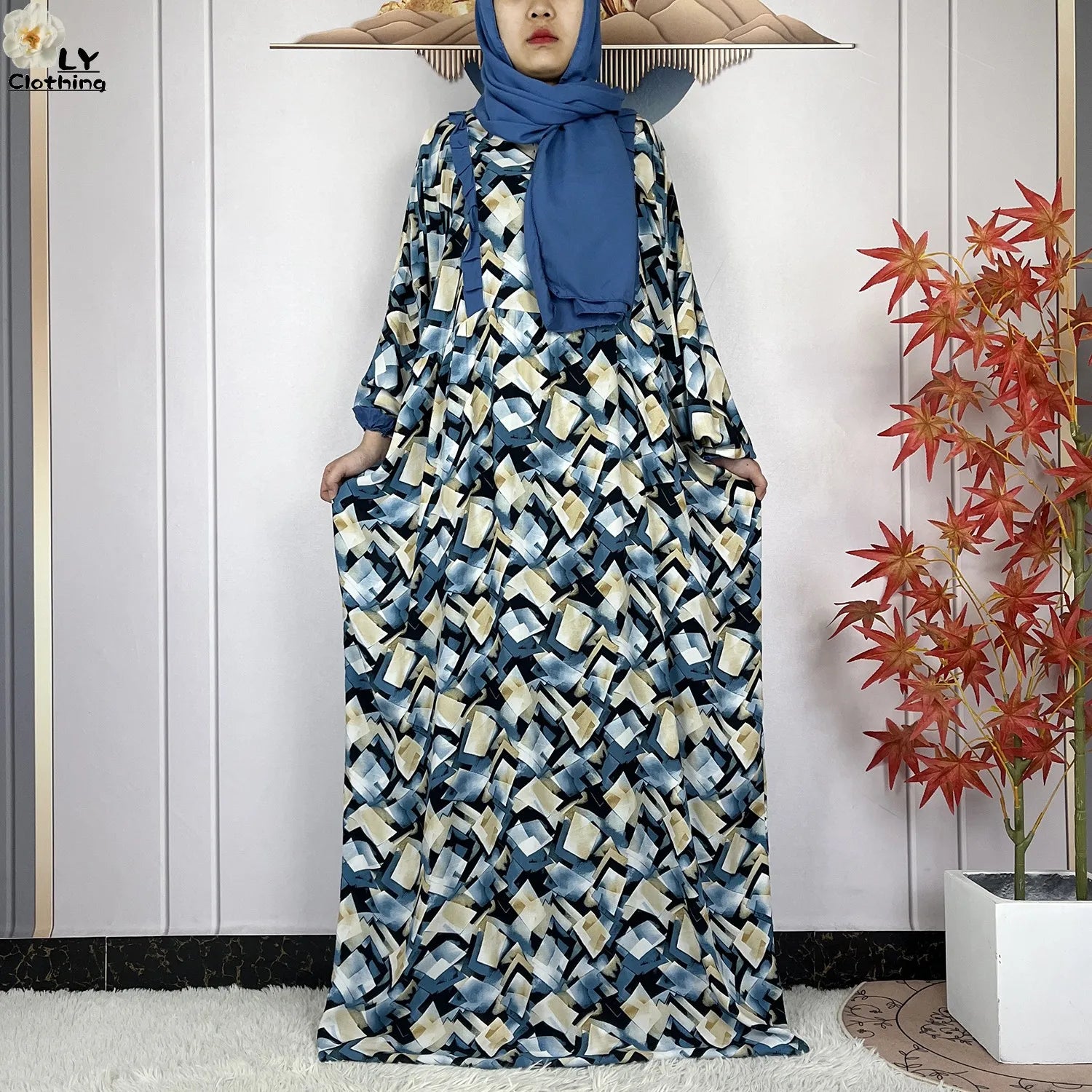 Muslim Long Sleeve Abaya – Loose Cotton Dress with Turban for Women