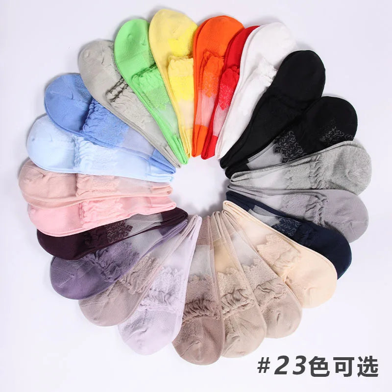 Women's Silk Velvet Lace Ankle Socks – Ultra-Thin Mesh Non-Slip Short Socks