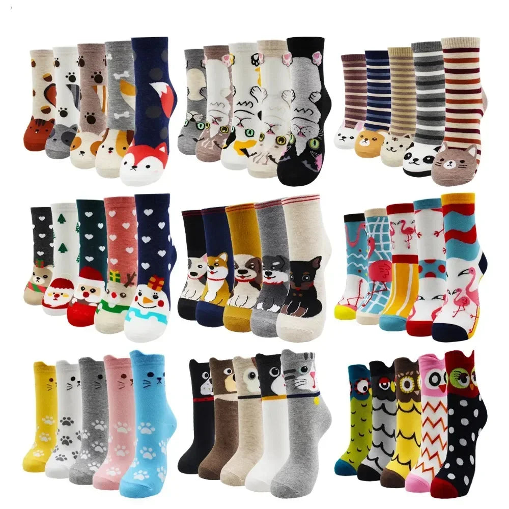 Women's Kawaii Cartoon Cotton Socks – Colourful Cute Novelty Socks (5 Pairs)