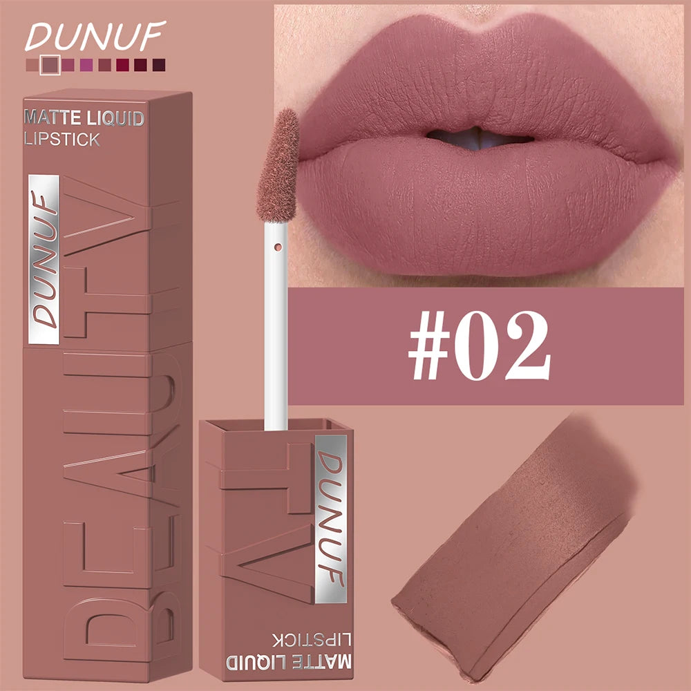DUNUF 8-Colour Matte Velvet Lip Gloss Set – Waterproof Plumping Lipstick Square Tube