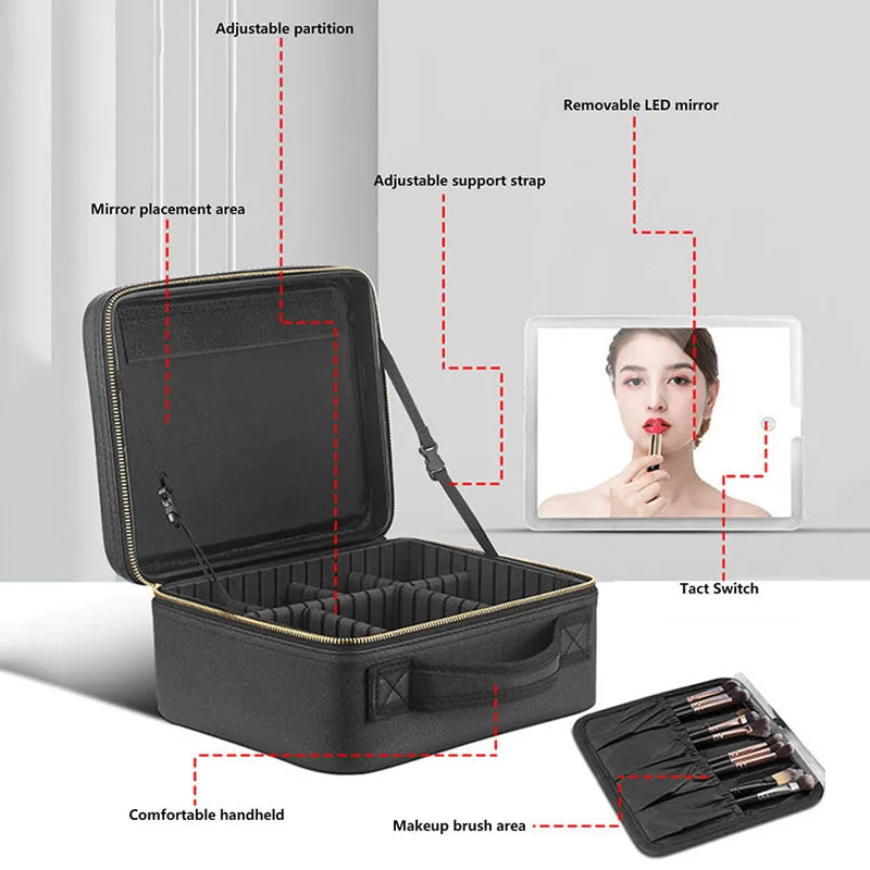 Smart LED Cosmetic Case with Mirror – Large Travel Makeup Bag for Women