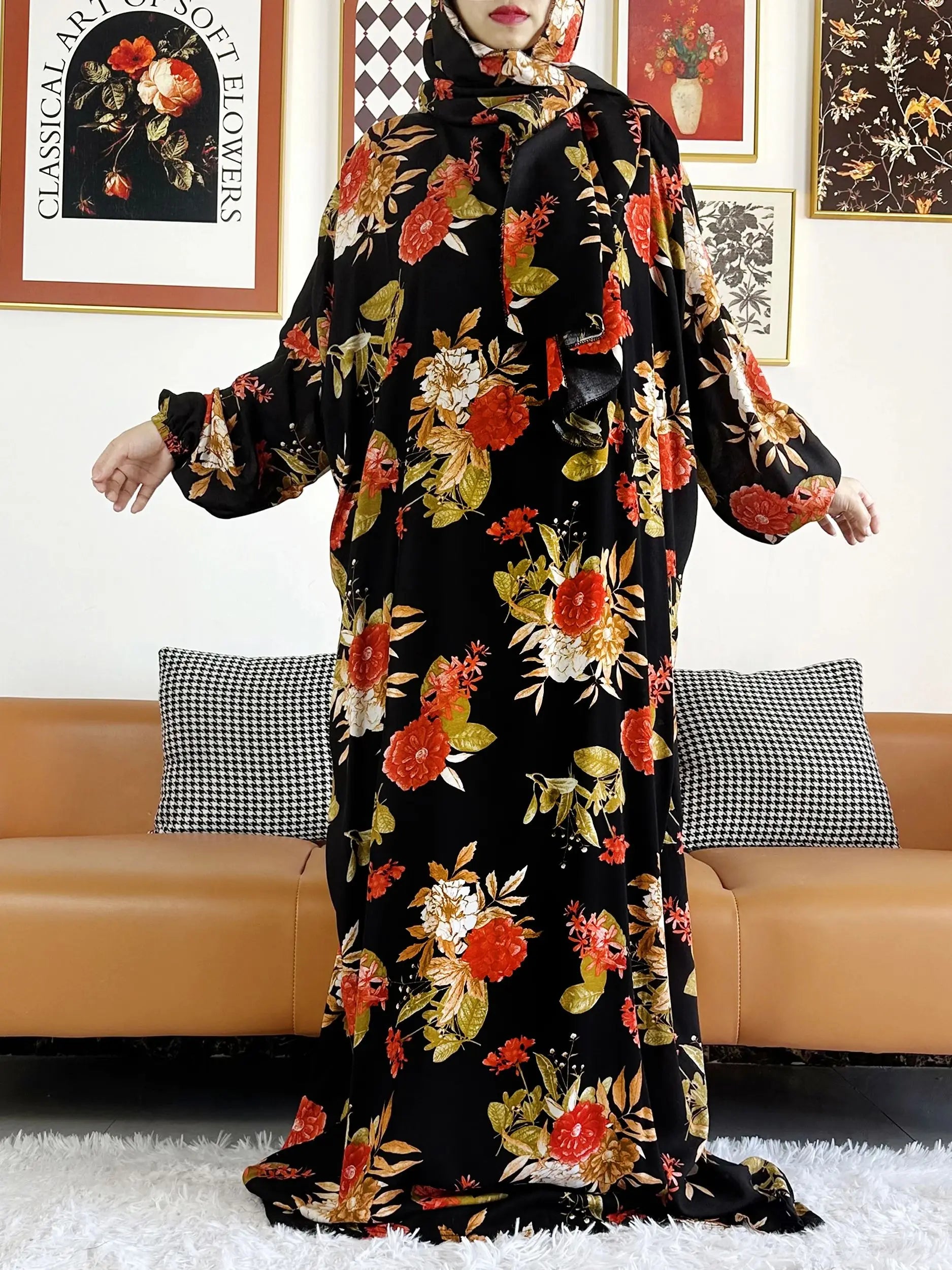 Plus Size Muslim Cotton Abaya – Loose Prayer Dress up to 6XL with Turban