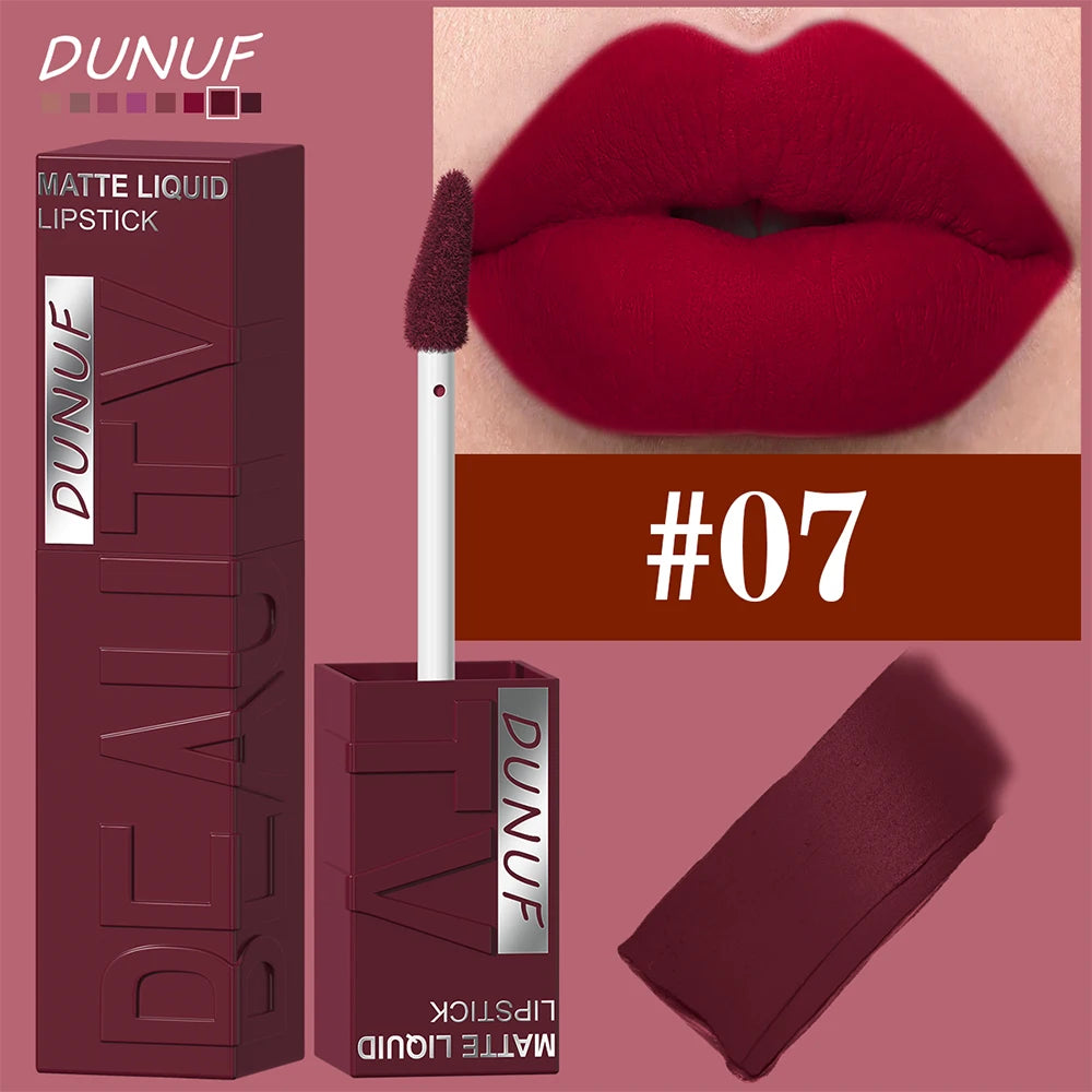 DUNUF 8-Colour Matte Velvet Lip Gloss Set – Waterproof Plumping Lipstick Square Tube