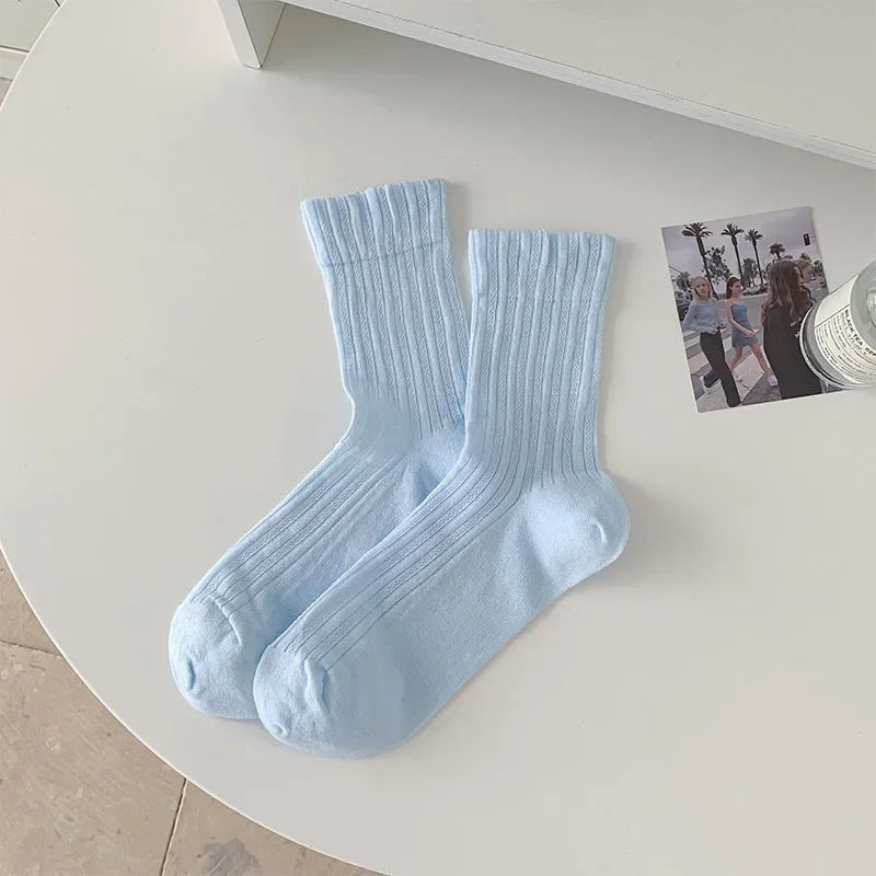Women's Korean Style Mid-Tube Socks – Breathable Cotton Socks in Solid Colours (5 Pairs)