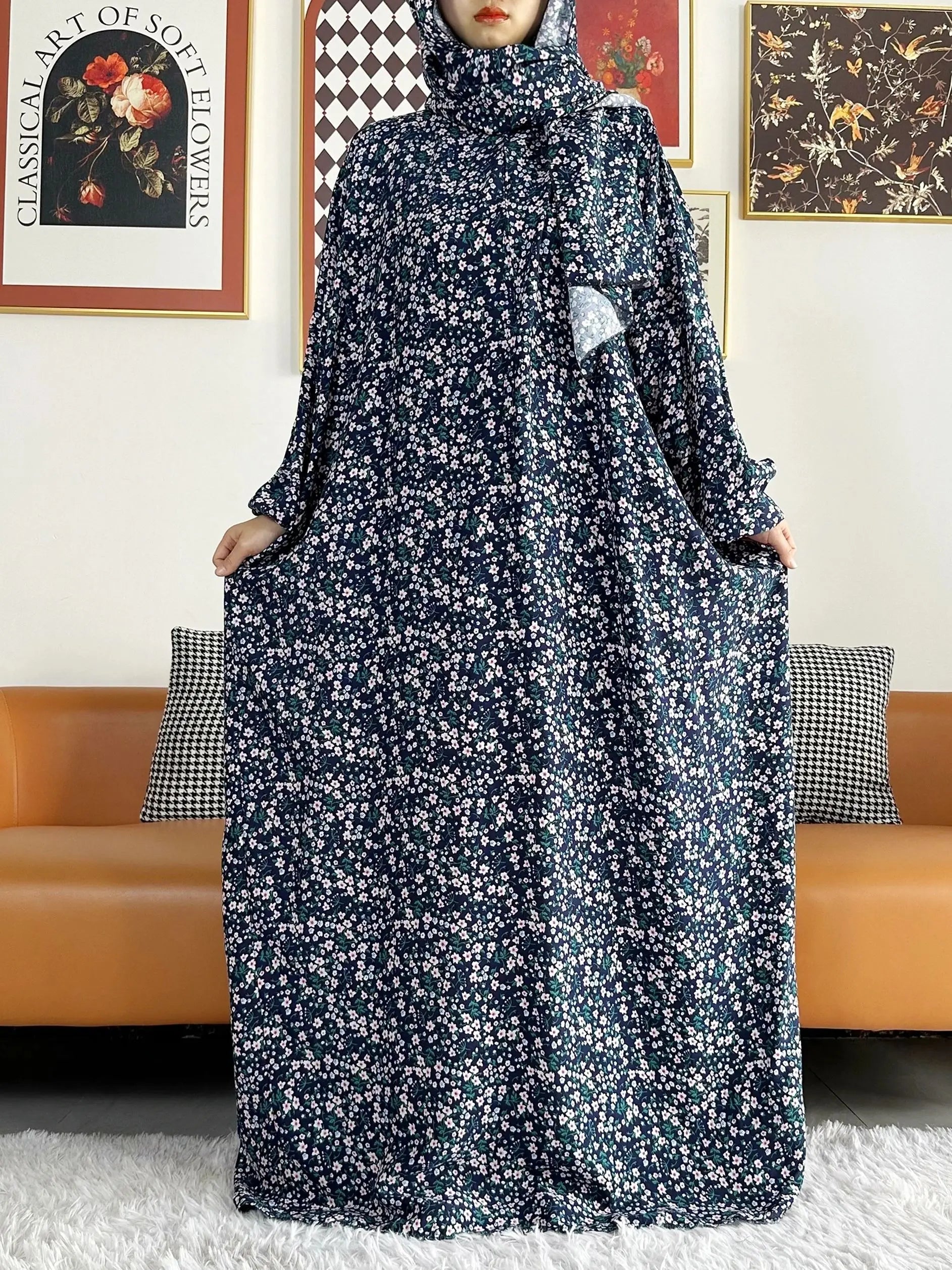 Floral Rayon Abaya – Loose African Dress with Turban for Muslim Women