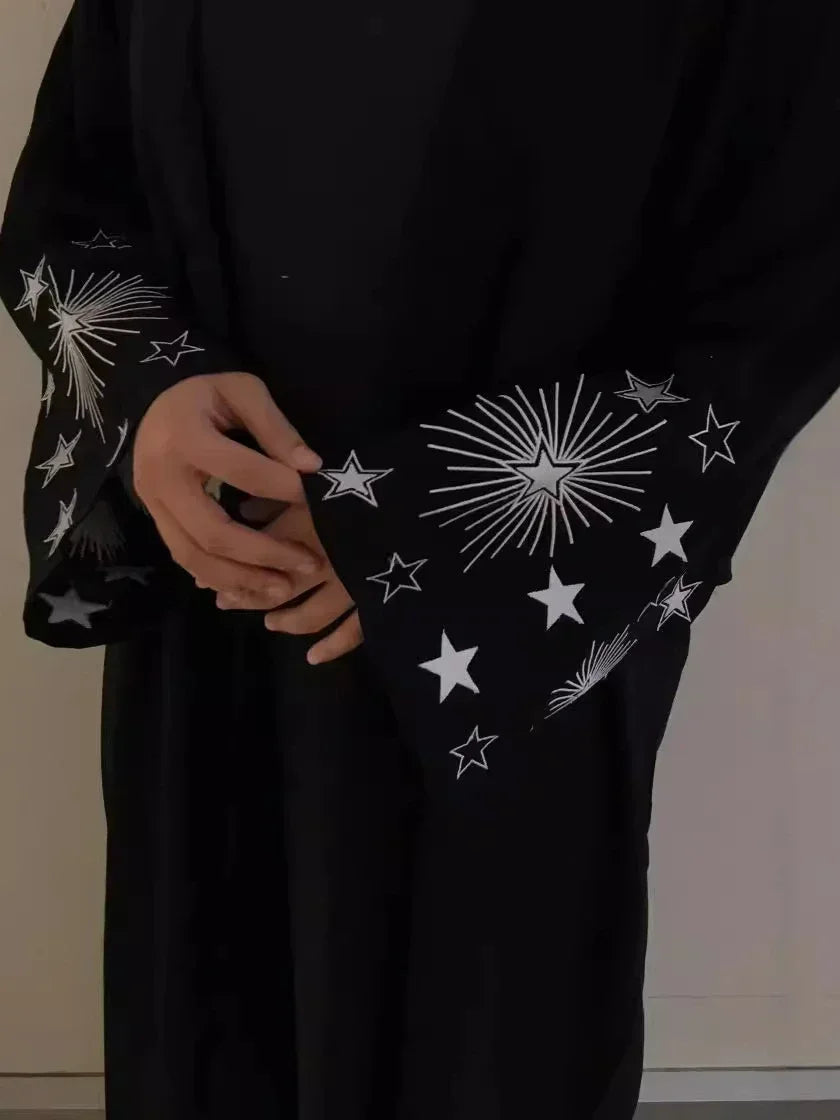 Dubai Embroidered Open Abaya – Black Saudi Cardigan Maxi Dress 2025