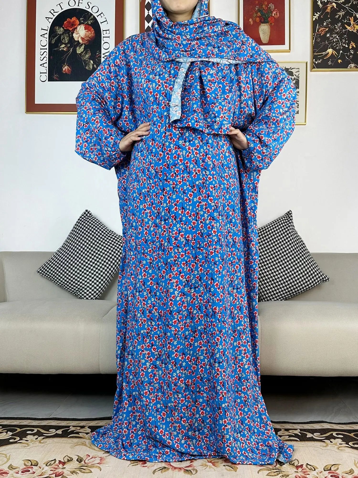 Floral Rayon Abaya – Loose African Dress with Turban for Muslim Women