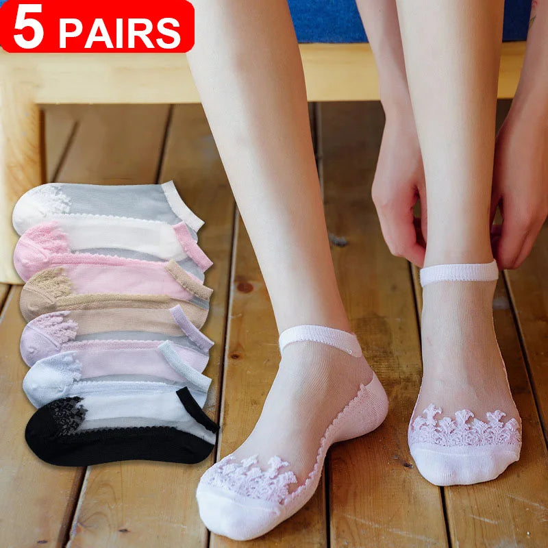 Women's Sheer Lace Invisible Socks – Ultra-Thin No-Show Ankle Socks (5 Pairs)