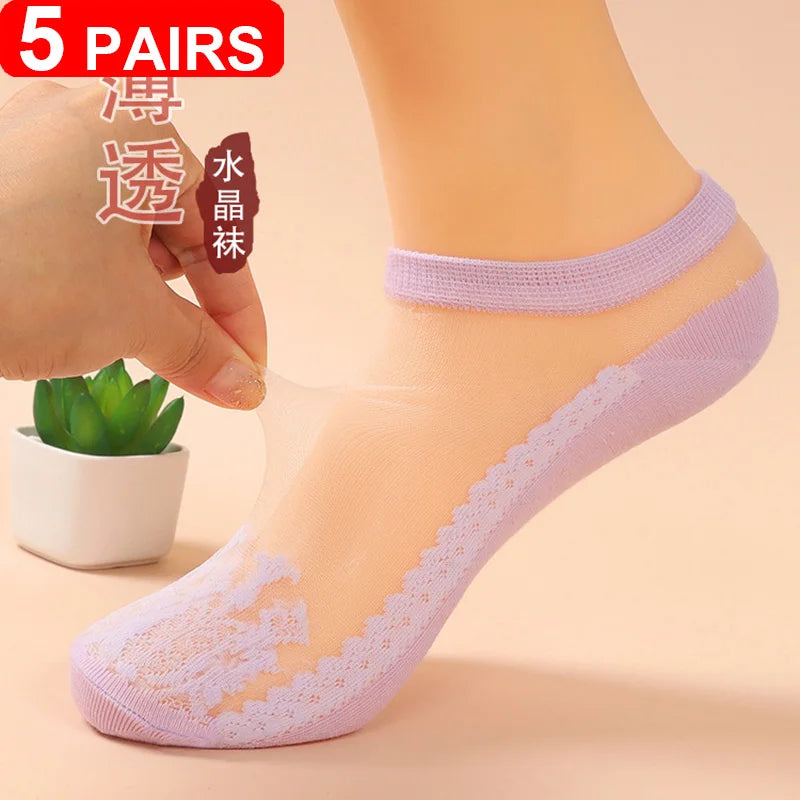 Women's Sheer Lace Invisible Socks – Ultra-Thin No-Show Ankle Socks (5 Pairs)