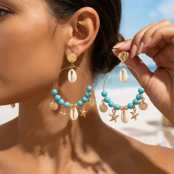 Y2K Boho Hoop Earrings – Colorful Stone, Starfish & Shell Dangle, Summer Festival