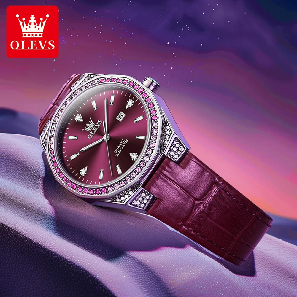 OLEVS Diamond Women's Watch – Luminous, Waterproof & Leather Strap