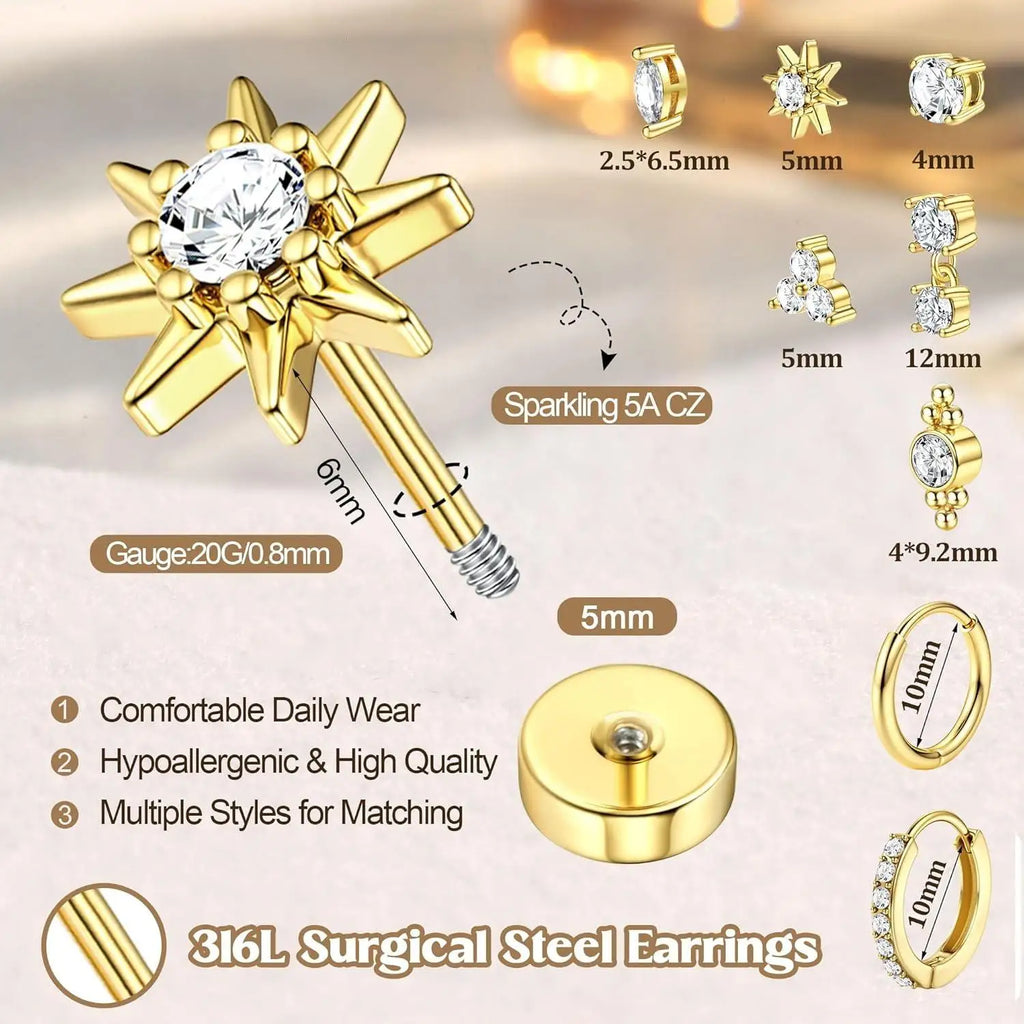 8 Pairs Hypoallergenic Earrings Set – Flat Back Studs & Hoops, Surgical Steel