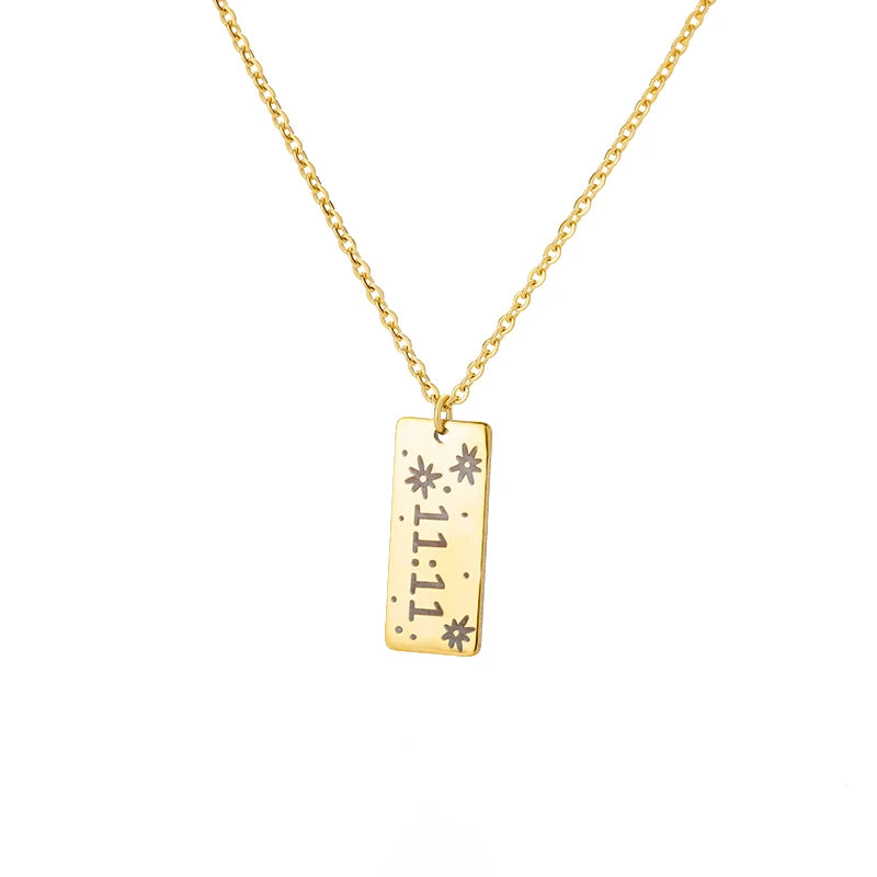 11:11 Angel Number Rectangle Pendant Necklace – Gold Stainless Steel Lucky Choker