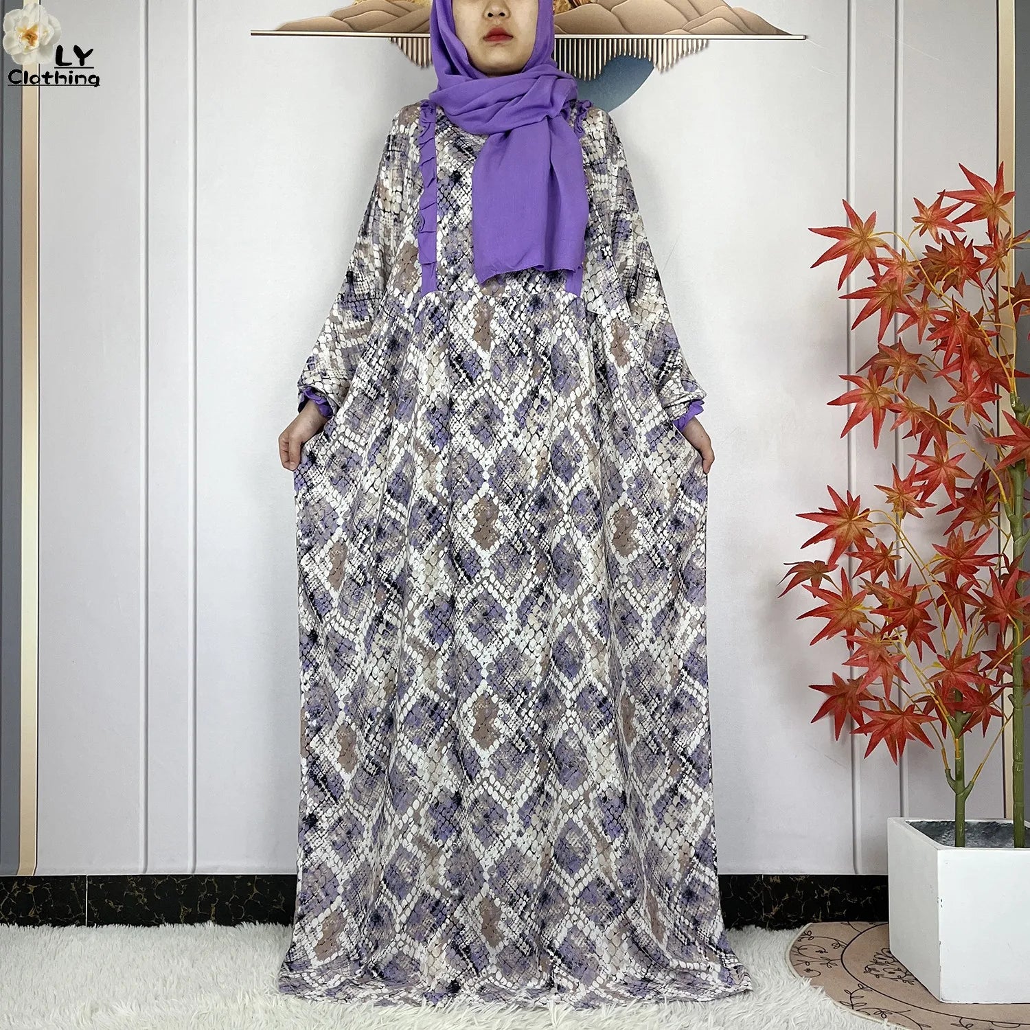 Muslim Long Sleeve Abaya – Loose Cotton Dress with Turban for Women